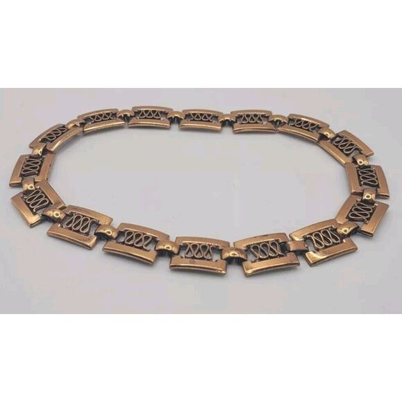 Renior Copper Rectangular Reticulated Link 15" Choker Necklace & Earring Set VTG - Picture 3 of 15
